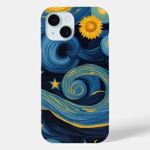 Starry Night Meets Sunflowers Pattern iPhone 15 Case