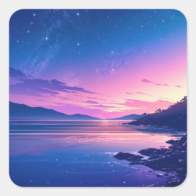 Starry Night Milky Way Galaxy over Pink Sunset Square Sticker (Front)