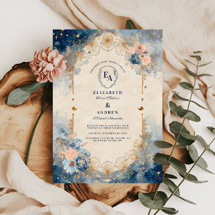 Starry Night Moon and Floral Wedding Invitation