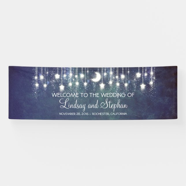 Starry Night Moon and Star Blue Wedding Banner (Horizontal)