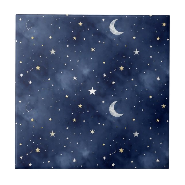 Starry Night Moon Constellations Pattern Ceramic Tile (Front)