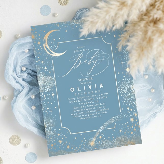 Starry Night Moon Mystical Celestial Baby Shower Invitation (Celestial Dusty Blue Baby Shower Invitation with Crescent Moon and Stars)