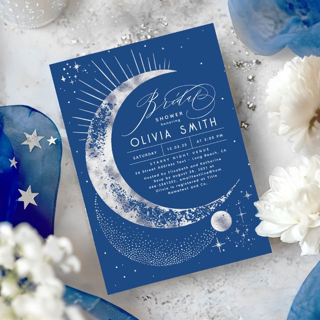 Starry Night Moon Mystical Celestial Bridal Shower Invitation (Celestial Bridal Shower Invitations in Navy Blue and Silver)