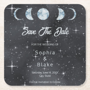Starry Night Moon Phases Celestial Save the Date Square Paper Coaster