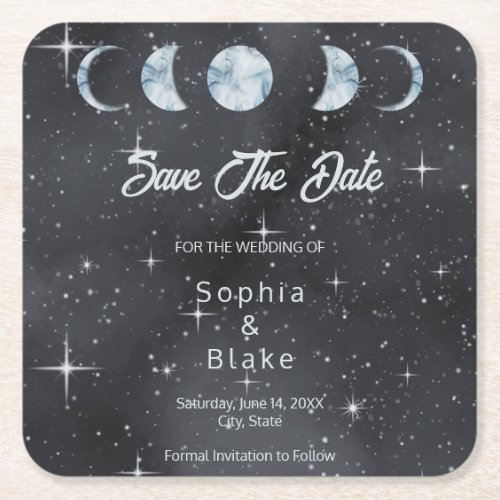 Starry Night Moon Phases Celestial Save the Date Square Paper Coaster