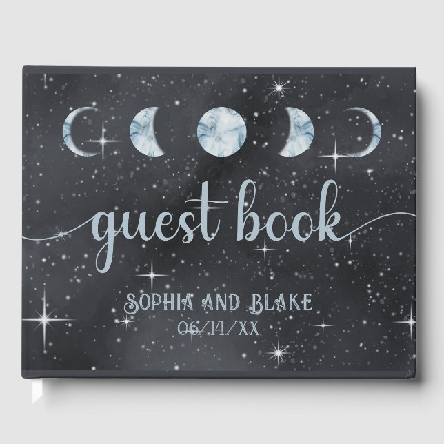 Starry Night Moon Phases Celestial Wedding Guest Book (Front)