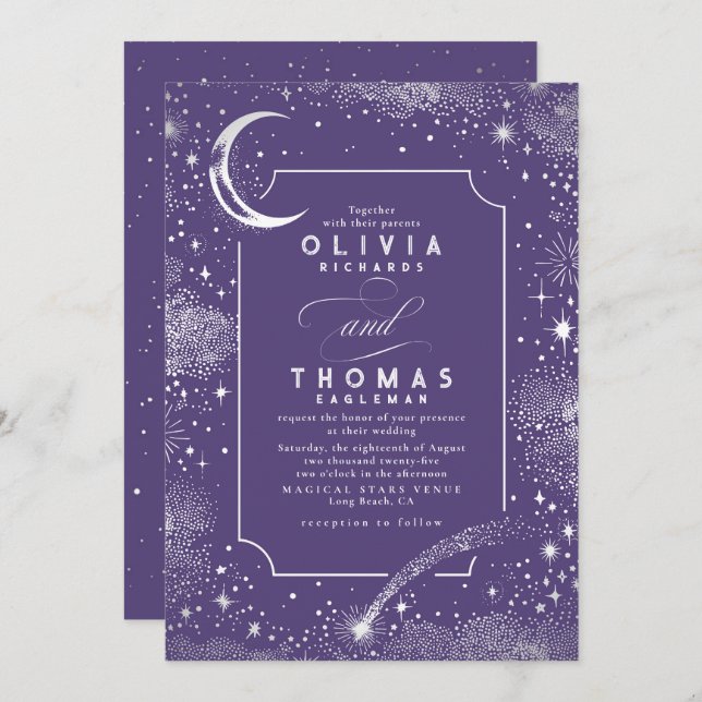 Starry Night Moon Shooting Star Celestial Wedding Invitation (Front/Back)