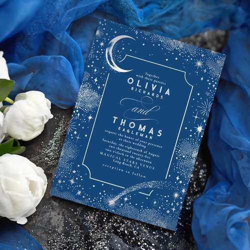 Starry Night Moon Shooting Star Celestial Wedding Invitation