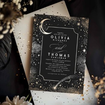 Starry Night Moon Shooting Star Celestial Wedding Invitation by lovelywow at Zazzle