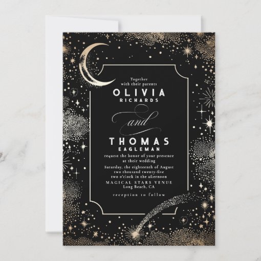 Starry Night Moon Shooting Star Celestial Wedding Invitation | Zazzle