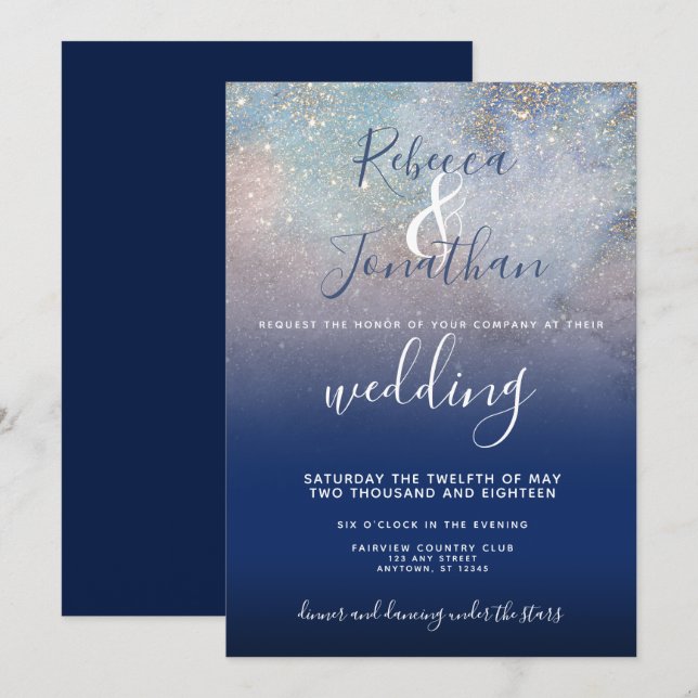 Starry Night Navy and Gold Wedding Invitation (Front/Back)