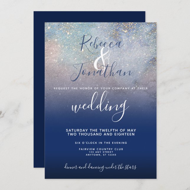 Starry Night Navy and Gold Wedding Invitation (Front/Back)