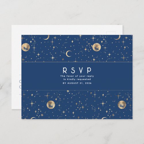 Starry Night Navy Blue and Gold Wedding RSVP Postcard