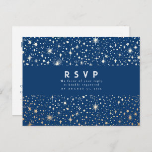 Starry Night Navy Blue and Gold Wedding RSVP Postcard