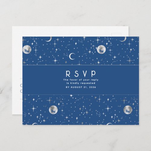 Starry Night Navy Blue and Silver Wedding RSVP Postcard