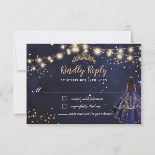 Starry Night Navy Blue Dress Gold Quinceañera RSVP Card