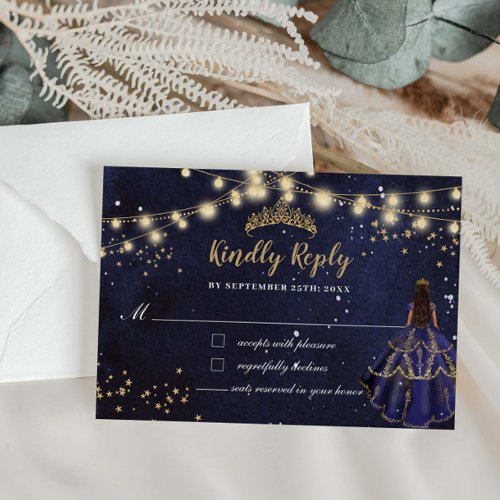 Starry Night Navy Blue Dress Gold Quinceañera RSVP Note Card