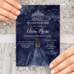 Starry Night Navy Blue Dress Silver Quinceañera Invitation<br><div class="desc">Personalize this luxe Quinceañera / Sweet 16 birthday invitation easily and quickly. Simply click the Edit Using Design Tools button to further edit the text, change font styles and font colors. Featuring a girl dressed in a navy blue dress and a dark navy blue starry night background. The quince girl...</div>