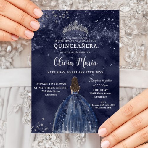 Starry Night Navy Blue Dress Silver Quinceaera Invitation