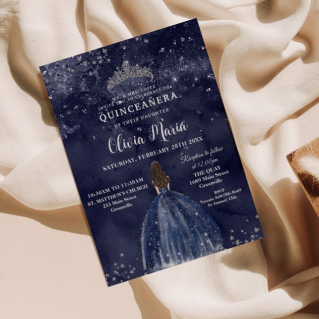Starry Night Navy Blue Dress Silver Quinceaera Invitation | Zazzle