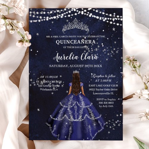 Starry Night Navy Blue Dress Silver Quinceaera Invitation