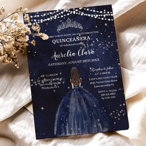 Starry Night Navy Blue Dress Silver Quinceaera Invitation