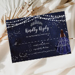 Starry Night Navy Blue Dress Silver Quinceañera RSVP Card<br><div class="desc">Personalize this lovely starry night navy blue and silver RSVP card with your own wording easily and quickly. Simply click the Edit Using Design Tools button to further edit the text, wording, font style, font size, font color, add more text, move or remove some images. The quince girl and crown...</div>