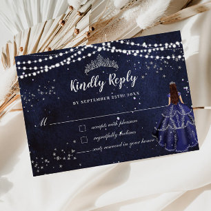 Starry Night Navy Blue Dress Silver Quinceañera RSVP Card