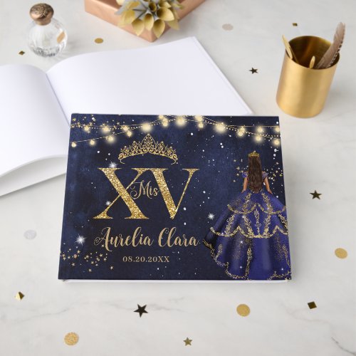 Starry Night Navy Blue Gold Princess Quinceañera  Guest Book