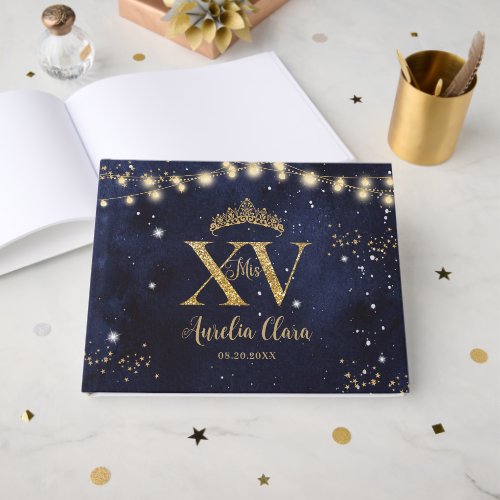Starry Night Navy Blue Gold Quinceañera Birthday Guest Book