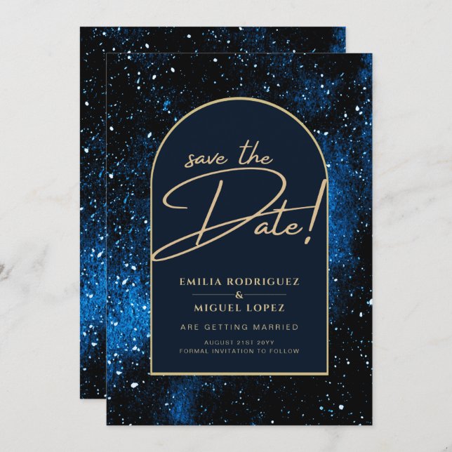 Starry Night Navy Blue Gold Wedding SAVE DATE Invitation (Front/Back)