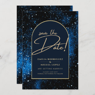 Starry Night Navy Blue Gold Wedding SAVE DATE Invitation