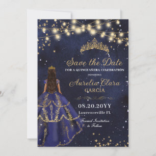 Starry Night Navy Blue Gown Gold Quinceañera Save The Date
