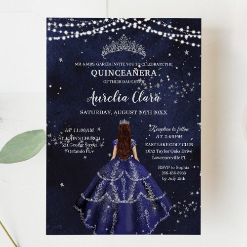 Starry Night Navy Blue Gown Silver Quinceaera Invitation