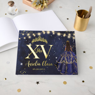 Starry Night Navy Blue Princess Quinceañera Gold Foil Guest Book