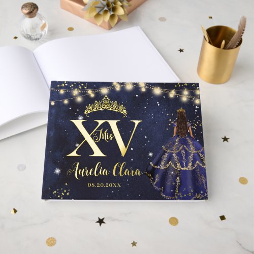 Starry Night Navy Blue Princess Quinceañera Gold Foil Guest Book