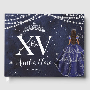 Starry Night Navy Blue Princess Quinceañera Silver Foil Guest Book