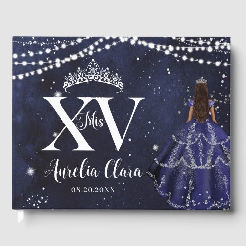 Starry Night Navy Blue Princess Quinceañera Silver Foil Guest Book