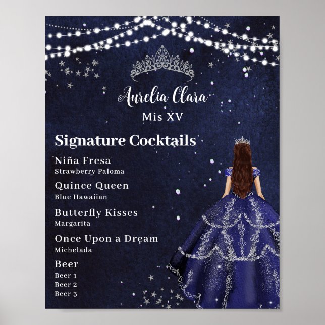 Starry Night Navy Blue Quinceanera Bar Drink Menu Poster (Front)