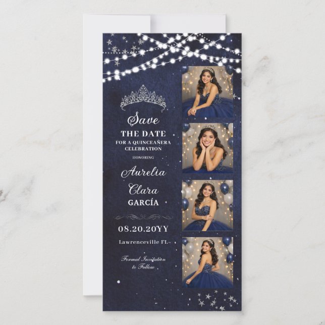 Starry Night Navy Blue Quinceañera Photo Booth Save The Date (Front)