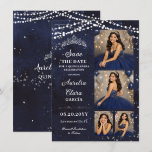 Starry Night Navy Blue Quinceañera Photo Save Date Note Card