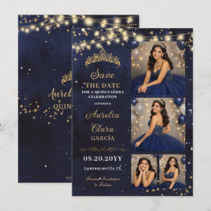Starry Night Navy Blue Quinceañera Photo Save Date Note Card