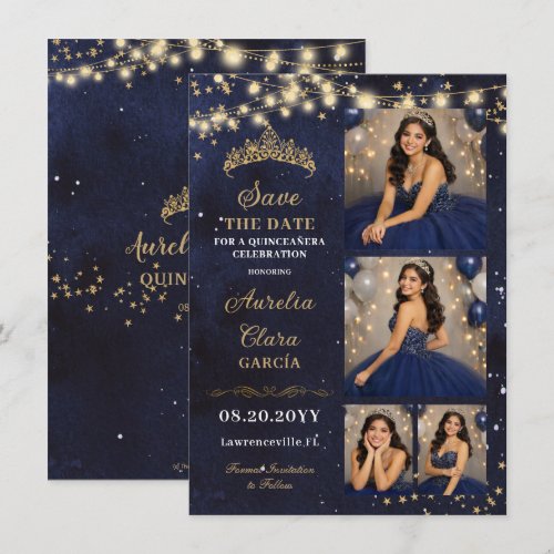 Starry Night Navy Blue Quinceañera Photo Save Date Note Card