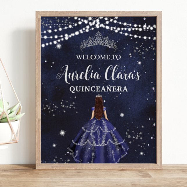 Starry Night Navy Blue Silver Quinceañera Birthday Poster (Creator Uploaded)