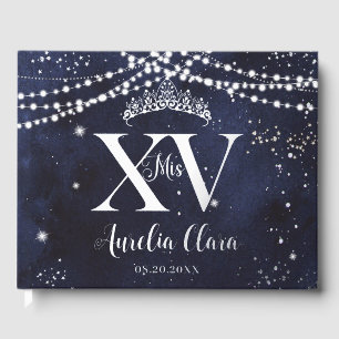 Starry Night Navy Blue Silver Quinceañera Mis XV Foil Guest Book
