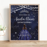 Starry Night Navy Blue Silver Quinceañera Sweet 16 Poster<br><div class="desc">Personalize this lovely starry night quinceañera birthday welcome sign poster with your own wording easily and quickly. Simply click the "Edit Using Design Tools" button to modify the text, wording, font style, font size, and font color. You can also add or remove text, and move or remove images. The princess...</div>