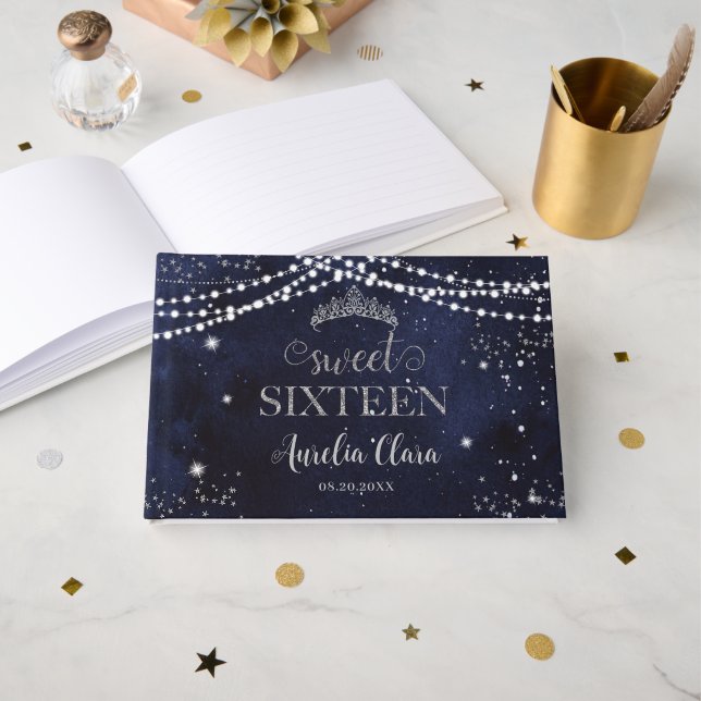 Starry Night Navy Blue Silver Sweet 16 Birthday Guest Book (Front Open)