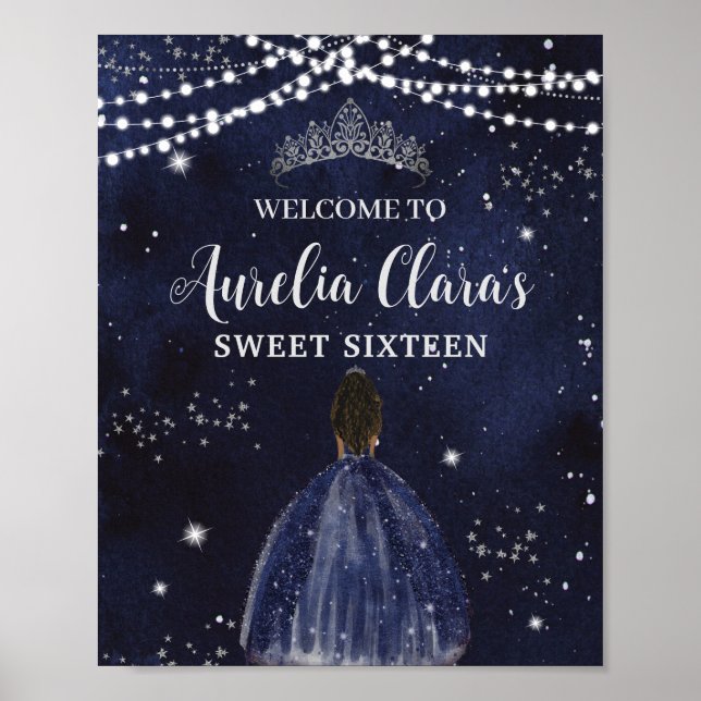 Starry Night Navy Blue Silver Sweet 16 Brown Girl Poster (Front)