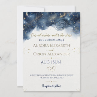 Starry night navy blue watercolor wedding invitation