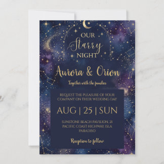 Starry night navy blue watercolor wedding invitation